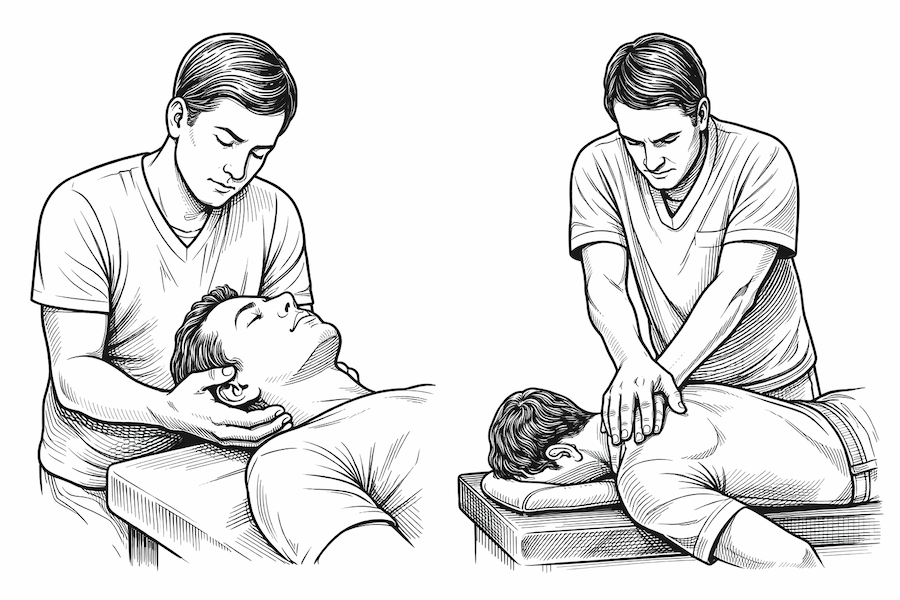 Manuell behandling hos osteopat och kiropraktor – illustration i svartvitt som visar en osteopat som manipulerar en patients nacke och en kiropraktor som justerar ryggen.